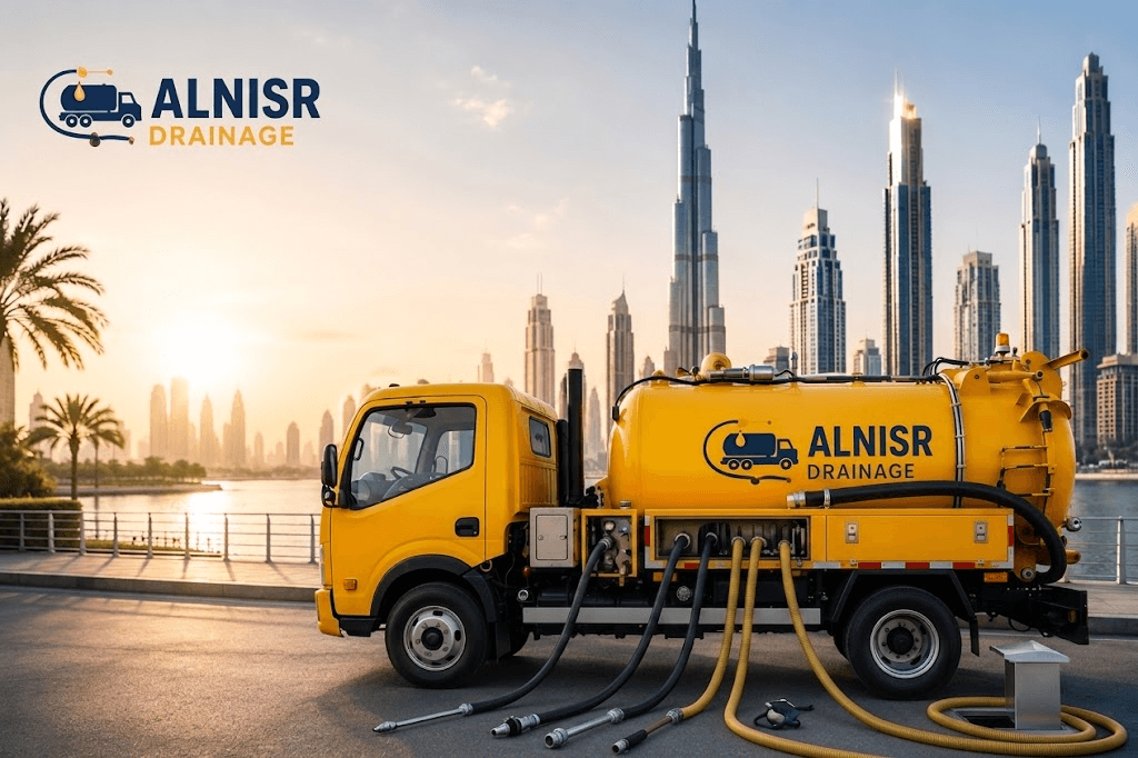 AL NISR DRAINAGE tanker with suction hoses connected during a wastewater removal job