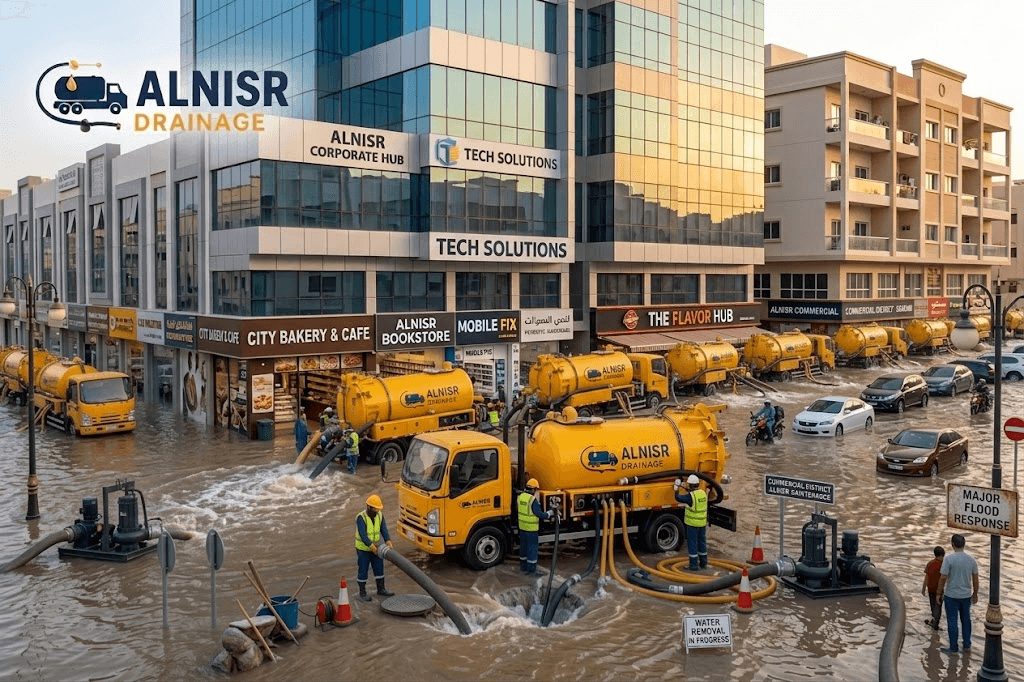 Several AL NISR DRAINAGE tankers pumping flood water from a commercial street in Sharjah
