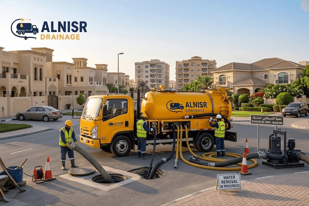 AL NISR DRAINAGE crew removing water from a manhole in a Sharjah residential area