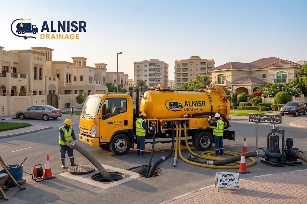 AL NISR DRAINAGE crew removing water from a manhole in a Sharjah residential area